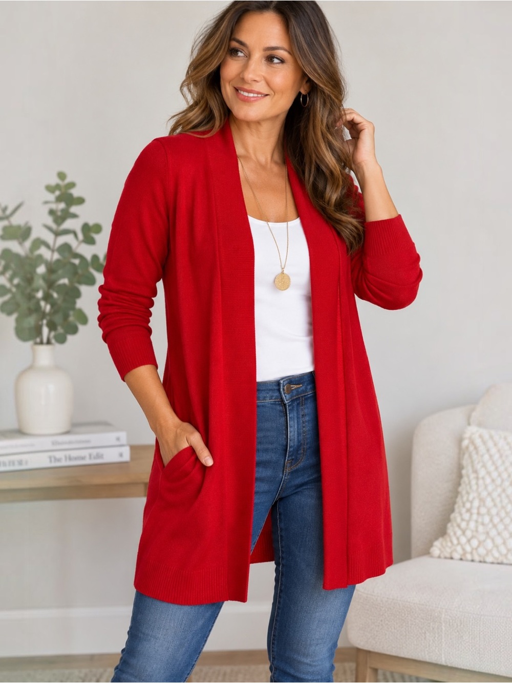 Karen Scott Womens XL Red Open Front Long Cardigan Sweater